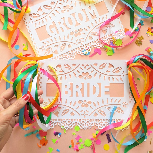 Bride and Groom Banner, Sweetheart Table, Bride and Groom Sign, Papel Picado Signs, Custom Colors Banner, Fiesta Wedding Decoration, 2 Flags