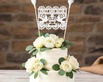 Personalized Bride and Groom Cake Topper, Papel Picado Wedding Topper
