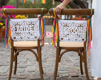 Bride & Groom Signs | Papel Picado Wedding Chair Signs | Custom Text and Colors