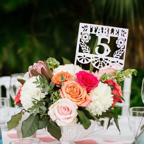 Mexican Wedding Table Numbers, Papel Picado, Mexican Fiesta, Wedding, Centerpiece, Mexican Flags, Rehearsal Dinner, Rustic Wedding Set of 12