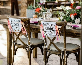 Bride and Groom Banner, Sweetheart Table, Bride Groom Signs, Papel Picado Signs, Rustic Wedding, Boho Wedding, Fiesta Decoration, 2 Flags