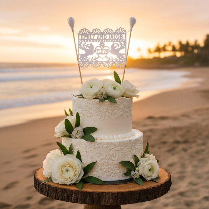 Personalized Bride and Groom Cake Topper, Papel Picado Wedding Topper image 8