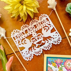 Personalized Bride and Groom Cake Topper, Papel Picado Wedding Topper image 4
