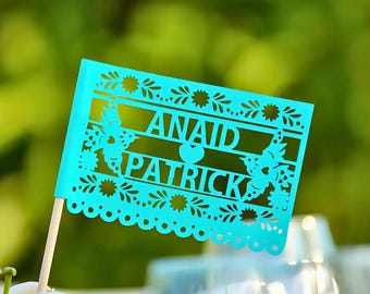 Turquoise Papel Picado Wedding Flags, Custom Names & Date, Card Stock Centerpiece Set