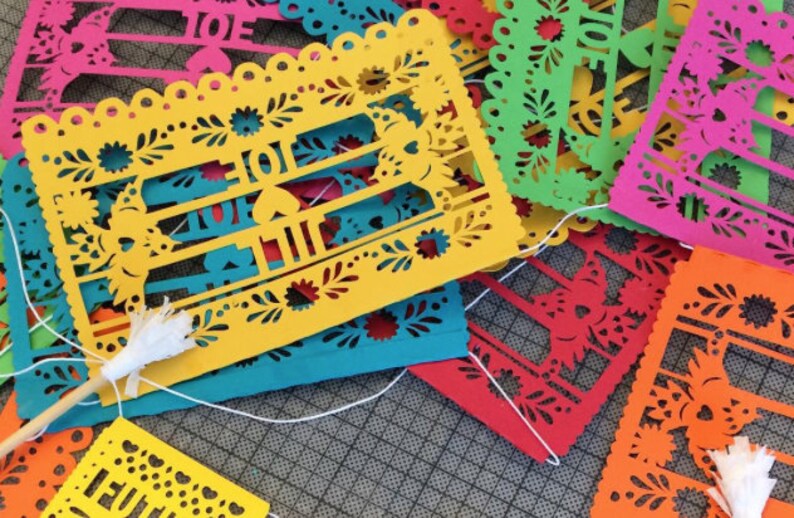 Personalized Papel Picado Banner 1 Custom Banner, Fiesta Decoration, Fiesta Wedding, Custom Papel Picado Banner, Rustic Wedding 5x7 flags image 9