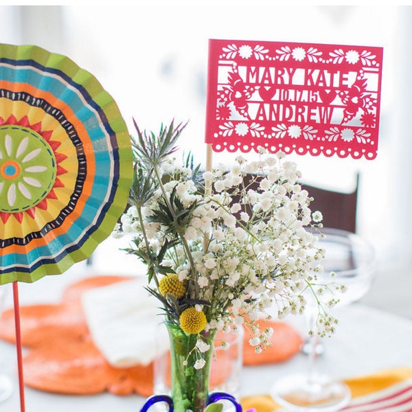 Set of 12 Personalized Papel Picado Wedding Flag Decorations, Custom Papel Picado Banners, Rustic Wedding Decoration, Wedding Centrepiece