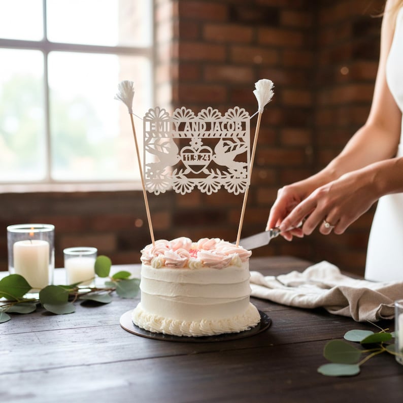 Personalized Bride and Groom Cake Topper, Papel Picado Wedding Topper image 5