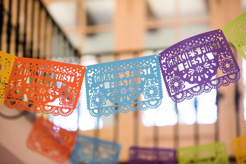 Fiesta Birthday Banner 1, Personalized Party Banner, First Fiesta, Cinco de Mayo Decoration, Fiesta Wedding, Papel Picado Flags, Custom image 1