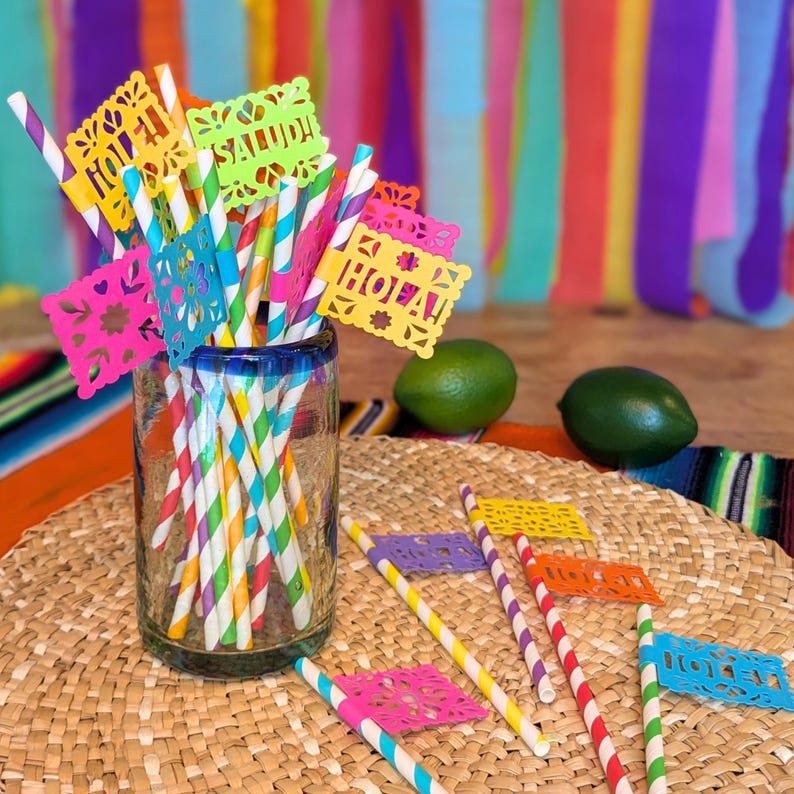 Fiesta Papel Picado Straws with Text | Cinco de Mayo Party Straws image 2