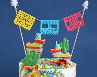 Décoration de gâteau Papel Picado, Fiesta, décoration de gâteau personnalisée, Cinco de Mayo, Uno, décoration de mariage mexicain - 1 décoration