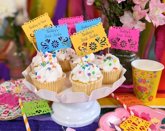 Papel Picado Cupcake Toppers – Personalized Text & Colors • by Lula Flora