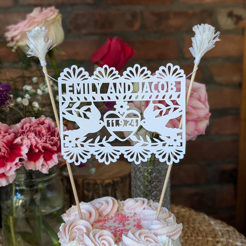 Personalized Bride and Groom Cake Topper, Papel Picado Wedding Topper image 9