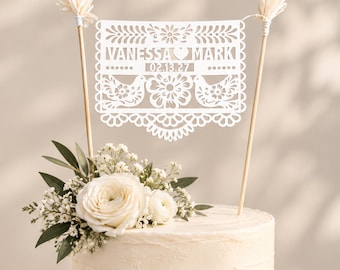 Personalized Bride and Groom Papel Picado Wedding Cake Topper, Custom Names and Date