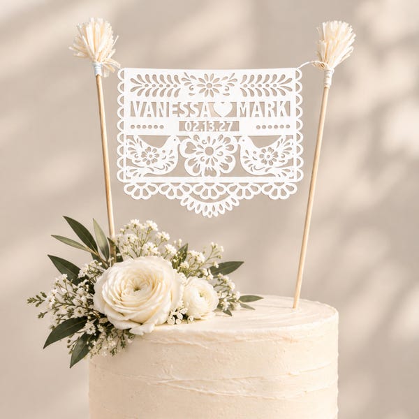 Personalized Bride and Groom Papel Picado Wedding Cake Topper, Custom Names and Date