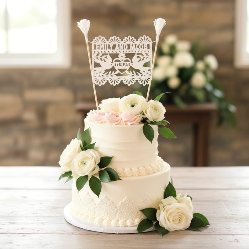 Personalized Bride and Groom Cake Topper, Papel Picado Wedding Topper image 7