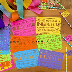 May include: Colorful paper banner set with cut-out designs and the words "1 MONTH" through "6 MONTHS". The banners are in pink, yellow, orange, green, blue, and purple. Decorative straws and paper streamers are also visible.