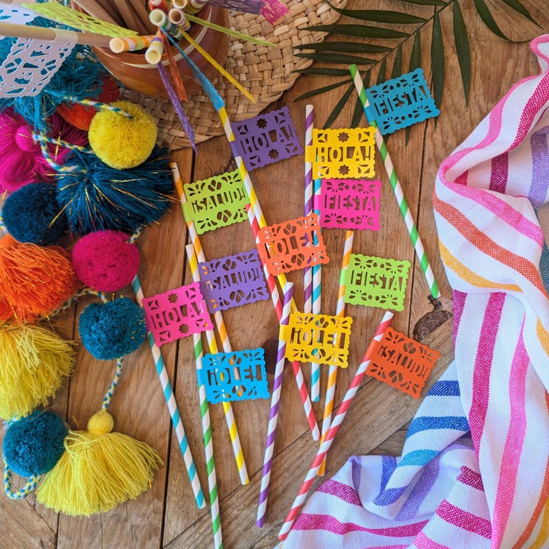 Fiesta Papel Picado Straws with Text | Cinco de Mayo Party Straws image 3