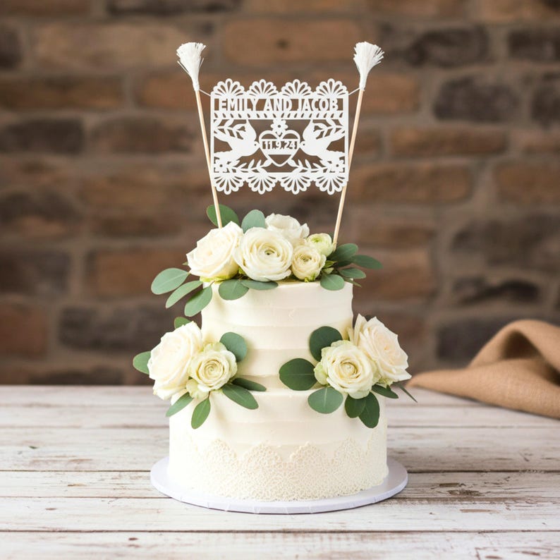 Personalized Bride and Groom Cake Topper, Papel Picado Wedding Topper image 1