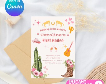 Invitación editable para el primer rodeo de vaquera: Cumpleaños del Salvaje Oeste (PDF)