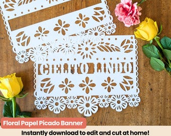 Floral Papel Picado Banner: Cielito Lindo, Mexican Decoration (SVG, PDF, JPEG)