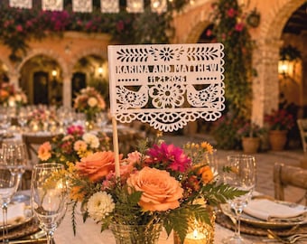 Personalized Papel Picado Wedding Centrepiece, Custom Wedding Table Decor, Names & Date
