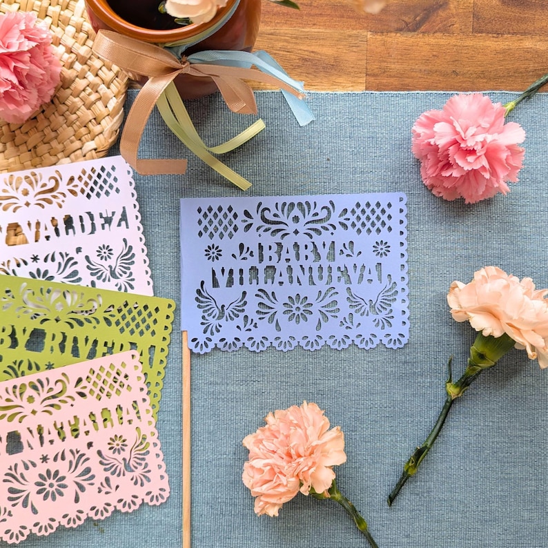 dusty powder blue cielito lindo personalized papel picado baby shower decorations