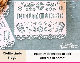 Cielito Lindo Papel Picado バナー、花柄 SVG、PDF、JPEG (デジタル ファイル)