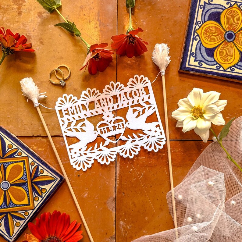 Personalized Bride and Groom Cake Topper, Papel Picado Wedding Topper image 11