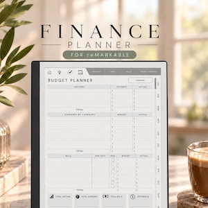 May include: A digital tablet displaying a finance planner template with the text FINANCE PLANNER FOR REMARKABLE. The screen shows a budget planner layout with columns for incomes, expenses, and bills, alongside a stylus pen on the surface.