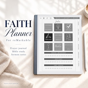 May include: A digital tablet displaying a faith planner interface with an index of sections including sermon notes, prayer journal, and bible study. The screen shows monthly reflections, gratitude logs, and habit trackers. A stylus rests beside the tablet.