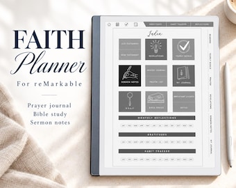 May include: A digital tablet displaying a faith planner interface with an index of sections including sermon notes, prayer journal, and bible study. The screen shows monthly reflections, gratitude logs, and habit trackers. A stylus rests beside the tablet.