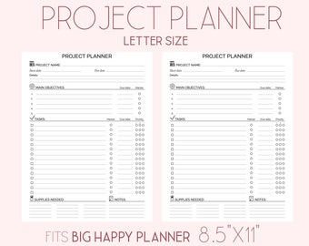 PROJECT PLANNER Big Happy Planner Inserts Black And White Printable pdf Letter size Project Management Project To Do list Craft planner