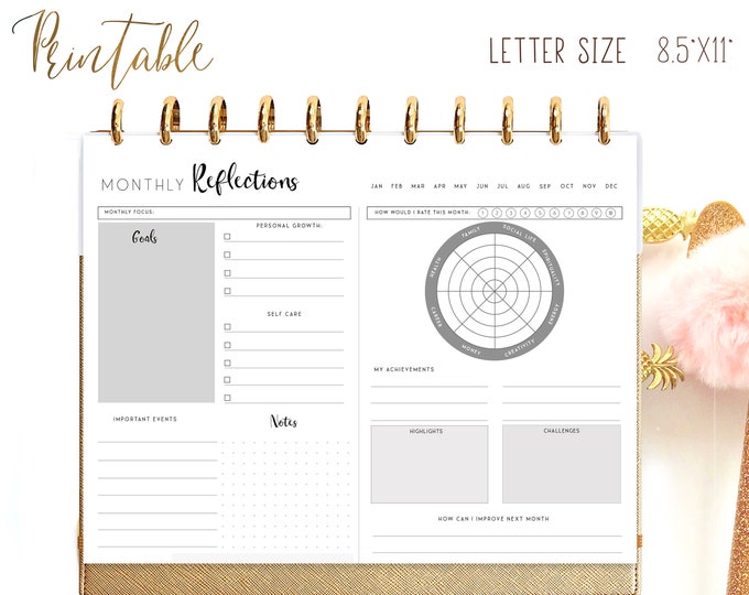 Monthly Reflection Journal, Monthly Planner Printable for Big Happy Planner Inserts, Personal Growth, Setting Planning