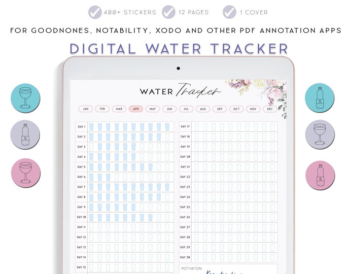 Digital Water Tracker, Goodnotes Template, Digital Planner for iPad, Water Intake Tracker, Motivation planner, Vertical Planner