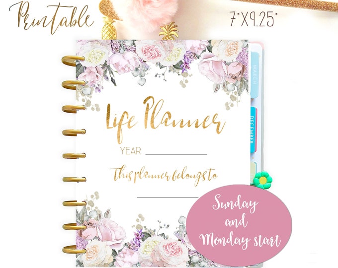 Floral Life Planner Printable made to fit Classic Happy Planner Printable Sunday and Monday Start, Finance Planer