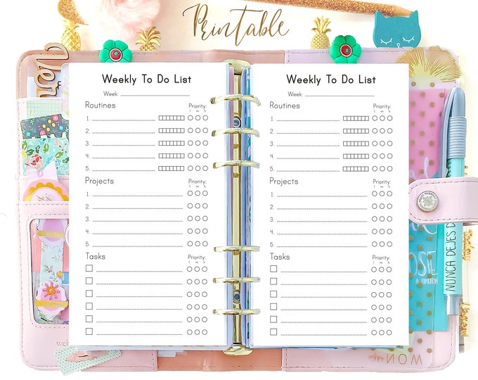 Weekly To Do List Printable Personal Size Inserts, Filofax Refills, Weekly Routines