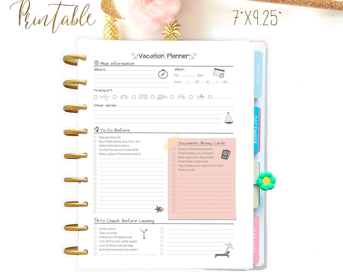 Vacation Planner Happy Planner Printable Happy Planner Inserts 7 x 9 Travel Planner