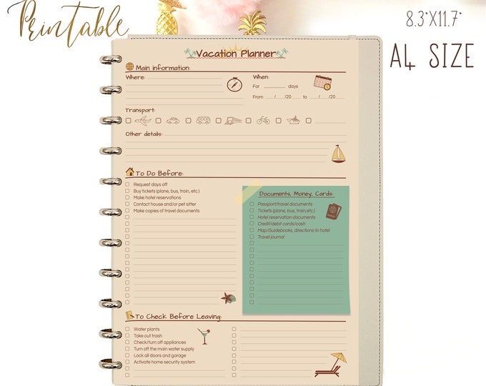 Vacation Planner, Trip planner, Packing list A4 Binder Inserts. Instant Download