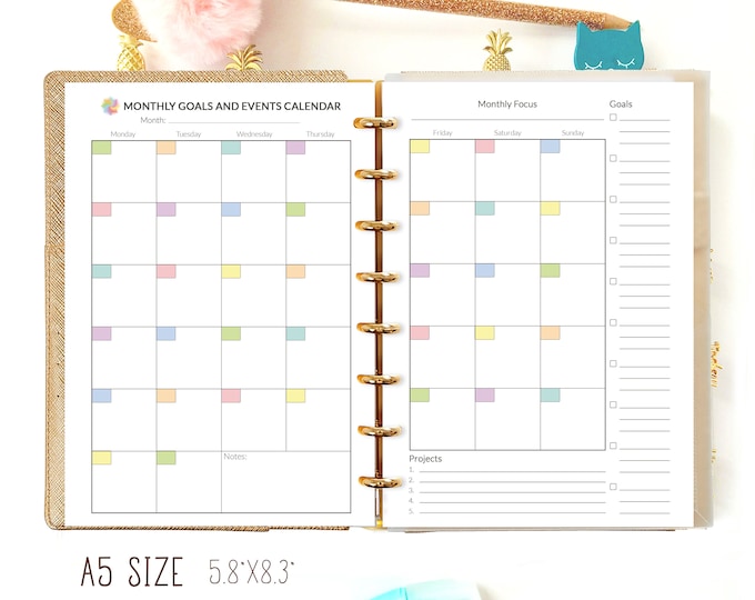 A5 Planner Inserts Monthly Planner Printable PDF Monthly Organizer Month On 2 Pages A5 Filofax Monthly Refills 5.8 x 8.3 Instant Download