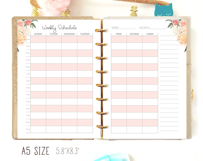 Weekly Schedule, Weekly Planner A5, Week On 2 Pages, A5 Filofax Inserts.