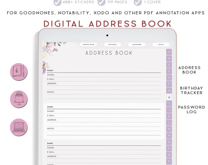 Address Book Digital Planner, iPad Planner, Goodnotes Planner, Notability Planner, Password Tracker, Password Log