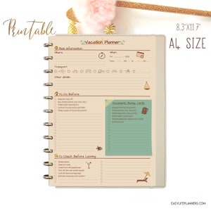 Vacation Planner, Trip planner, Packing list A4 Binder Inserts. Instant Download image 1