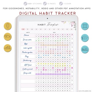 Puede incluir: Un modelo de seguimiento de hábitos digital con un diseño floral. El seguimiento incluye un calendario con los días del mes y una lista de hábitos para realizar un seguimiento, como el estado físico, beber agua, yoga, hacer la cama, practicar la guitarra, leer, estirarse, la dieta AIP, llamar a un amigo y dormir bien.