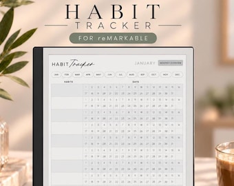 May include: A digital tablet displaying a habit tracker template with the text HABIT TRACKER FOR REMARKABLE at the top. The screen shows a monthly calendar grid for January with rows for habits and columns for days numbered 1 through 31.