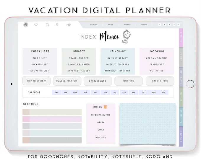 Digital Travel Planner, Vacation Digital Planner, Travel Itinerary, Notability Planner, GoodNotes Planner for iPad, GoodNotes Template.