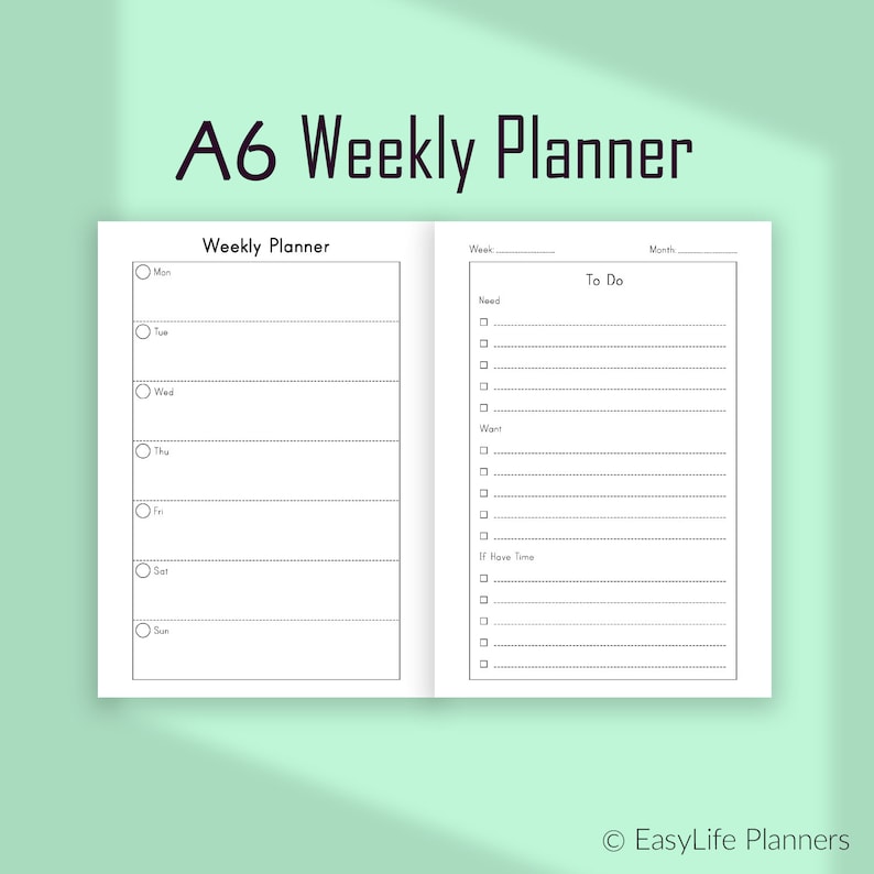 Weekly Planner Pages A6 Planner Inserts A6 TN Inserts Wo2p Etsy