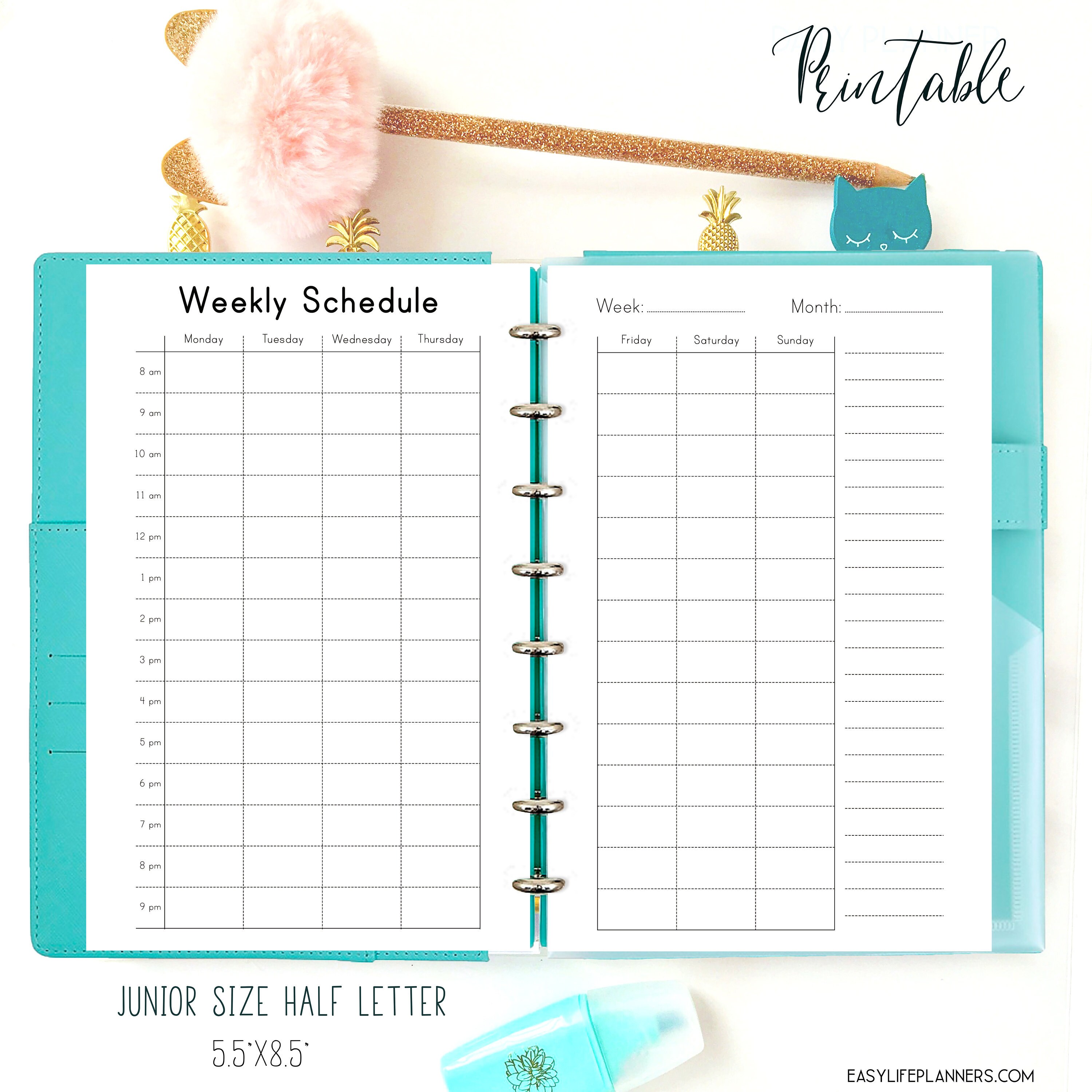weekly hourly planner half letter size weekly schedule