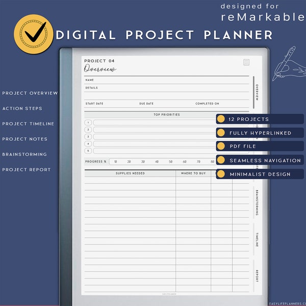 Modèle de planificateur de projet pour Remarkable 2, modèle de gestion de projet d'entreprise, outil de suivi de projet, conçu pour la tablette reMarkable.
