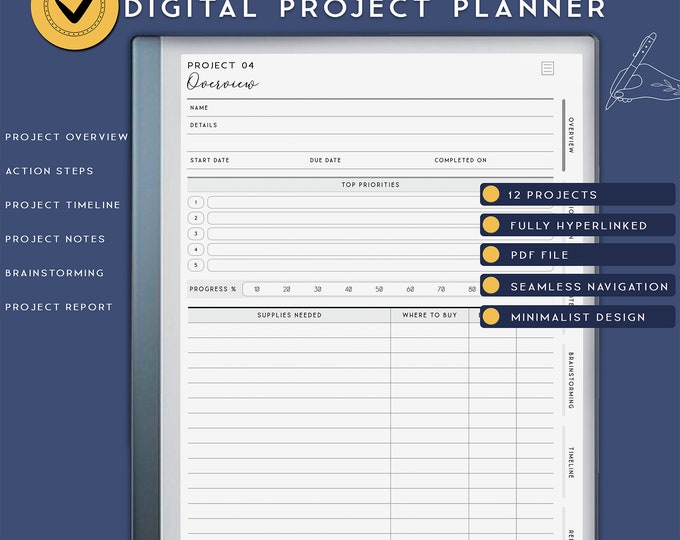 Project Planner for Remarkable 2 Template Business Project Management Planner, Project Tracker, Made for reMarkable tablet.