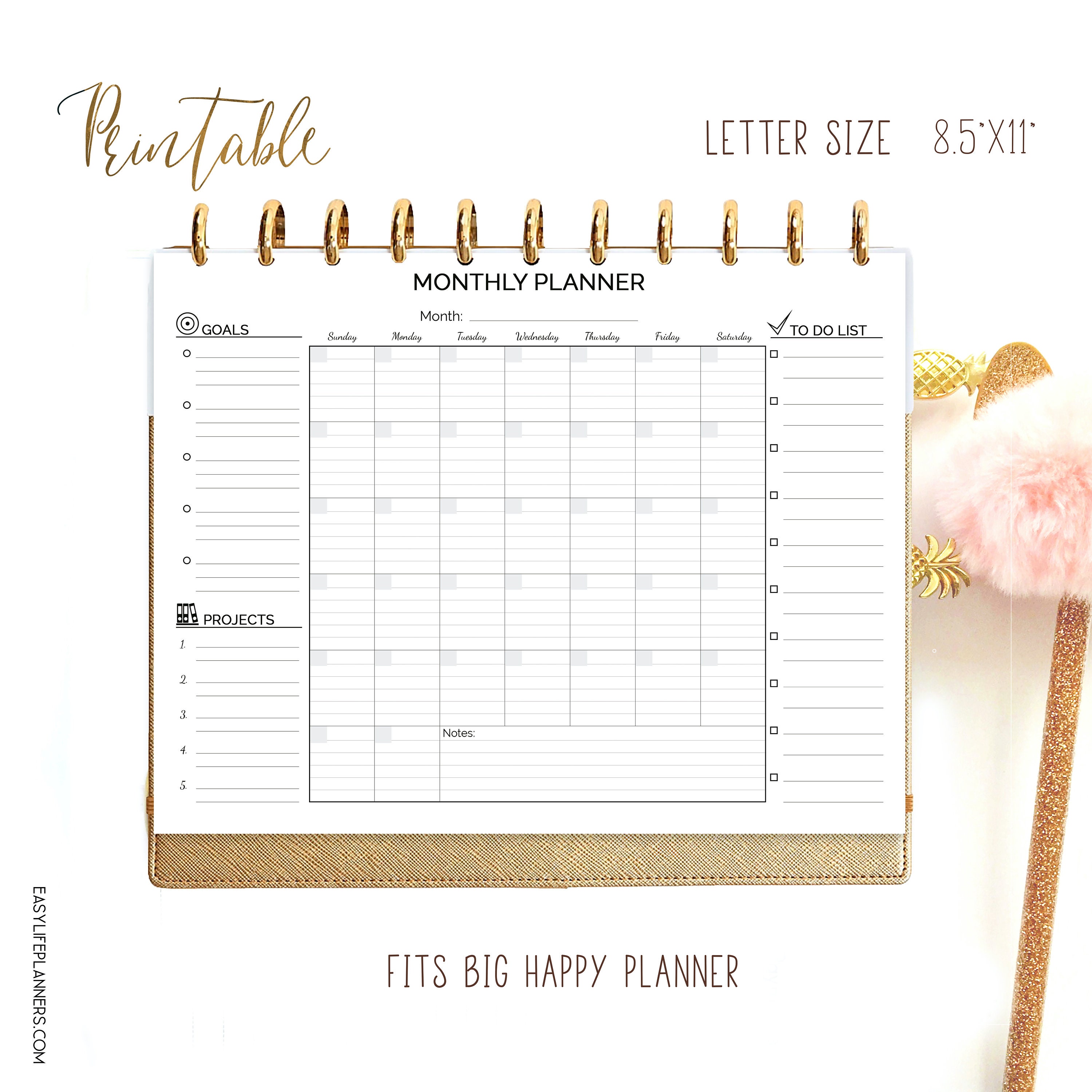 monthly planner big happy planner printable lined letter size undated